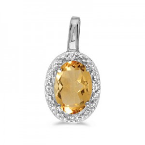 14k White Gold Oval Citrine And Diamond Pendant