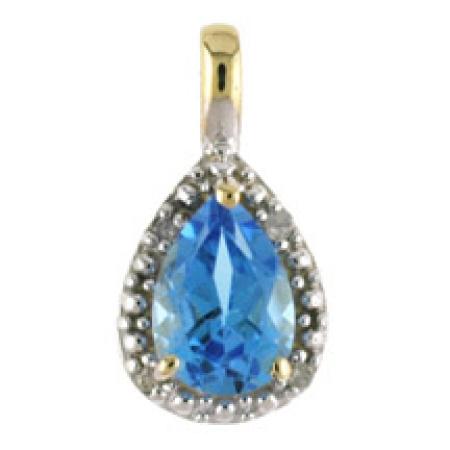 10K Yellow Gold Pear Blue Topaz and Diamond Birthstone Pendant