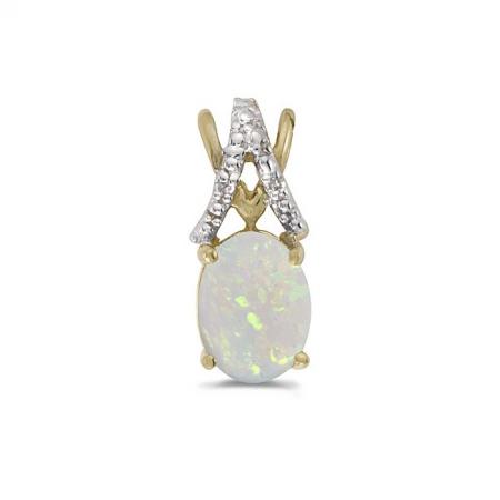 10K Yellow Gold Oval Opal and Diamond Birthstone Pendant