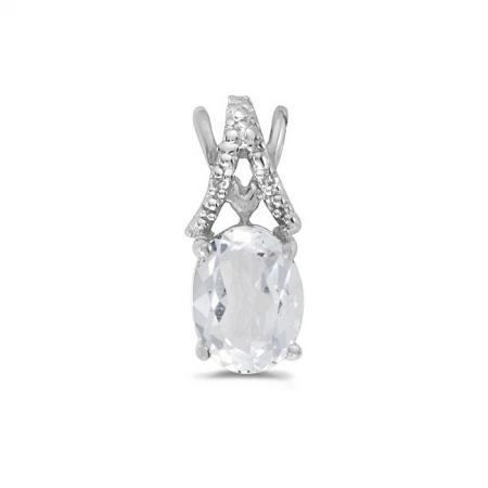 10K White Gold Oval White Topaz and Diamond Birthstone Pendant