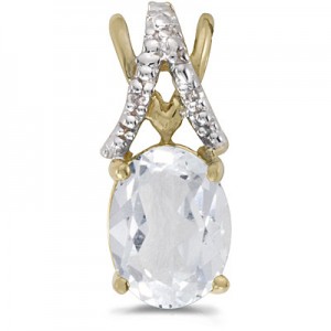 14k Yellow Gold Oval White Topaz And Diamond Pendant