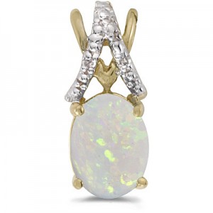 14k Yellow Gold Oval Opal And Diamond Pendant