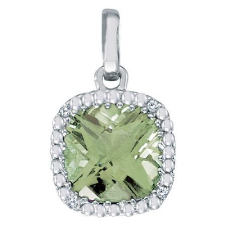 14K White Gold 7mm Cushion Green Amethyst and Diamond Pendant