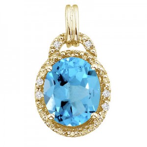 14K Yellow Gold 10x8 Oval Blue Topaz and Diamond Pendant