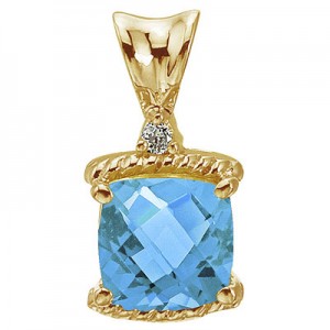 14K Yellow Gold Blue Topaz and Diamond Pendant