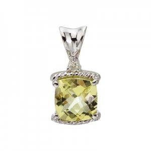 14K White Gold Lemon Quartz and Diamond Pendant