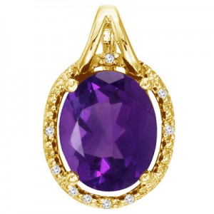 14K Yellow Gold Amethyst and Diamond Oval Pendant