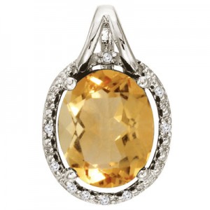 14K White Gold Citrine and Diamond Oval Pendant