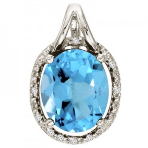 14K White Gold Blue Topaz and Diamond Oval Pendant