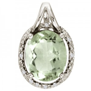 14K White Gold Green Amethyst and Diamond Oval Pendant