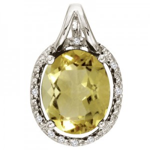 14K White Gold Lemon Quartz and Diamond Oval Pendant