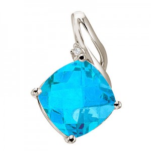 14K White Gold Blue Topaz and Diamond Pendant