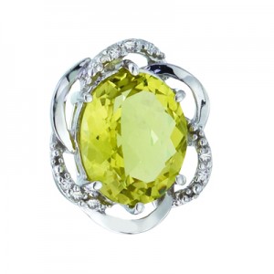 14K White Gold 11x9 Oval Lemon Quartz and Diamond Swirl Pendant