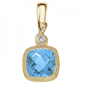 14K Yellow Gold Blue Topaz and Diamond Pendant