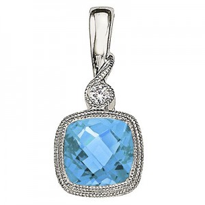 14K White Gold Blue Topaz and Diamond Pendant