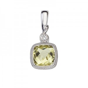14K White Gold Lemon Quartz and Diamond Pendant