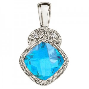 14K White Gold Blue Topaz and Diamond Pendant