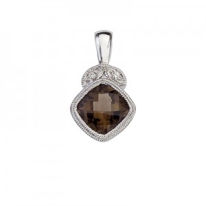 14K White Gold Smoky Topaz and Diamond Pendant