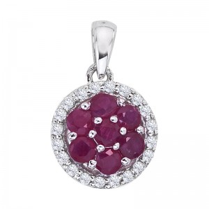 14K White Gold Diamond and Ruby Precious Cluster Pendant