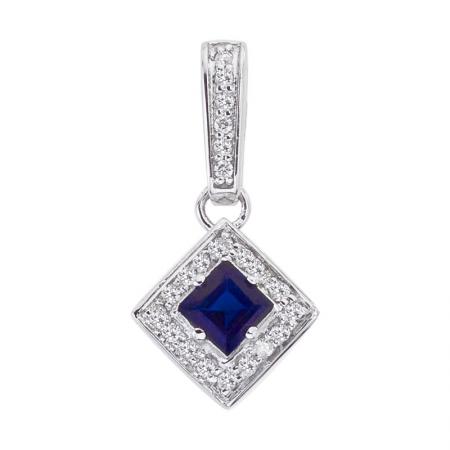 14K White Gold Diamond and Princess Sapphire Precious Diamond Shape Pendant