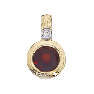 14K Yellow Brushed Gold 8 mm Round Garnet Bezel Set Pendant