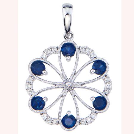 14K White Gold Precious Sapphire and Diamond Round Flower Fashion Pendant