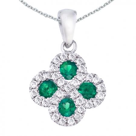 14K White Gold Precious Round Emerald and Diamond Clover Fashion Pendant