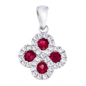 14K White Gold Precious Round Ruby and Diamond Clover Fashion Pendant