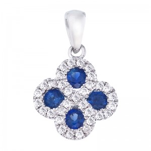 14K White Gold Precious Round Sapphire and Diamond Clover Fashion Pendant