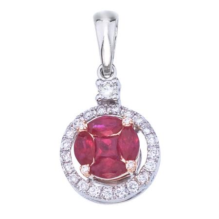 14K White Gold Precious Marquise Ruby and Princess Diamond Round Fashion Pendant