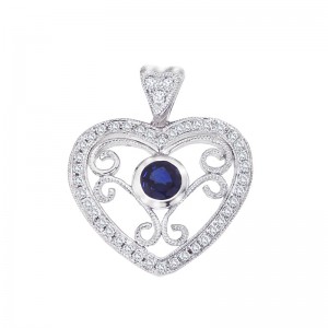 14K White Gold Precious 3.5 mm Round Sapphire and Diamond Filigree Heart Fashion