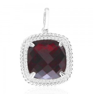 14K White Gold 12mm Cushion Garnet Rope Semi Precious Pendant