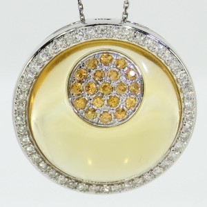 14k White Gold Yellow Sapphire and Diamonds Round Citrine Cabochon PendantWhite