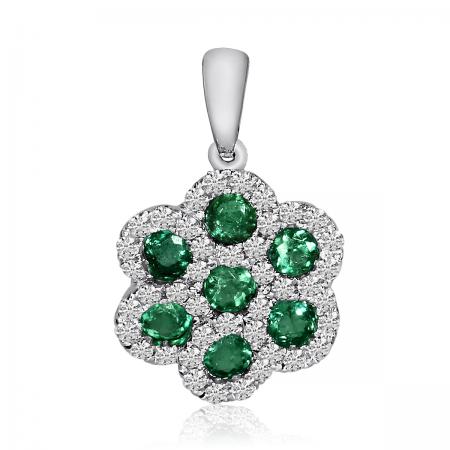 14k White Gold Precious Emerald Round Flower Fashion Pendant