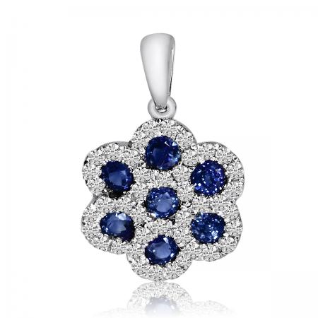 14k White Gold Precious Sapphire Round Flower Fashion Pendant
