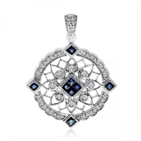 14K White Gold Precious Princess Sapphire and Diamond Antique Filigree Pendant