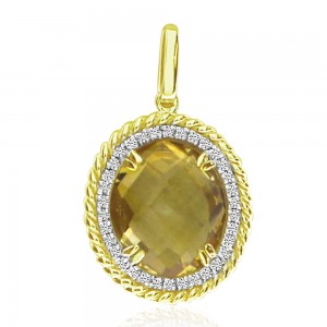 14K Yellow Gold Oval Citrine and Diamonds Semi Precious Braided Fashion Pendant
