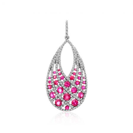 14K White Gold Round Rubies and Diamond Precious Drop Pendant