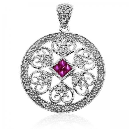 14K White Gold Precious Ruby and Diamond Round Filigree Pendant