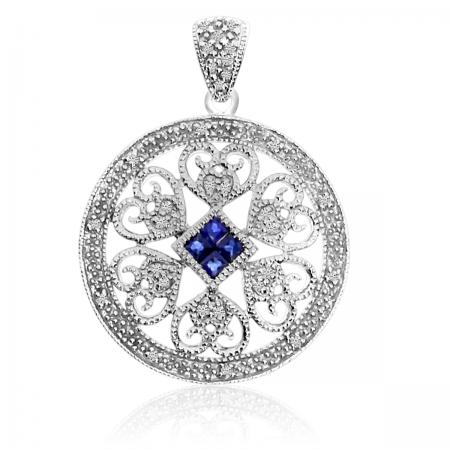 14K White Gold Precious Sapphire and Diamond Round Filigree Pendant