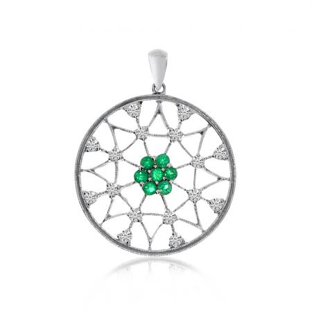14K White Gold Precious 2mm Round Emerald and Diamonds Dream Catcher Pendant