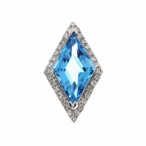 14K White Gold Diamond Shape Blue Topaz and Diamond Triangle Fashion Pendant