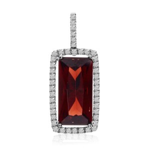 14K White Gold Large Emerald Cut Garnet and Diamond Semi Precious Fashion Pendan
