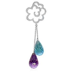 14K White Gold Semi Precious Amethyst and Blue Topaz Briolette Drop Fashion Pend