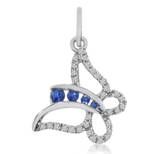 14K White Gold Precious Round Sapphire and Diamonds Butterfly Pendant