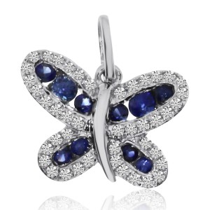 14K White Gold Precious Round Sapphire and Diamonds Butterfly Pendant