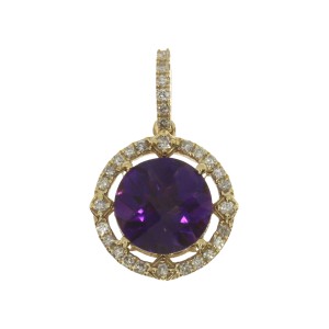 14K Yellow Gold 9mm Round Amethyst and Diamond  Semi Precious Fashion Pendant