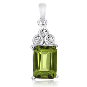 14K White Gold 8x6 mm Emerald Cut Peridot Semi Precious Pendant