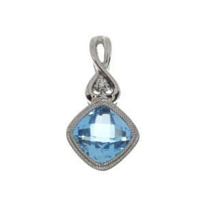 14K White Gold Cushion Blue Topaz Semi Precious Pendant