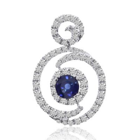 14K White Gold 5 mm Round Sapphire and Diamond Precious Fashion Pendant